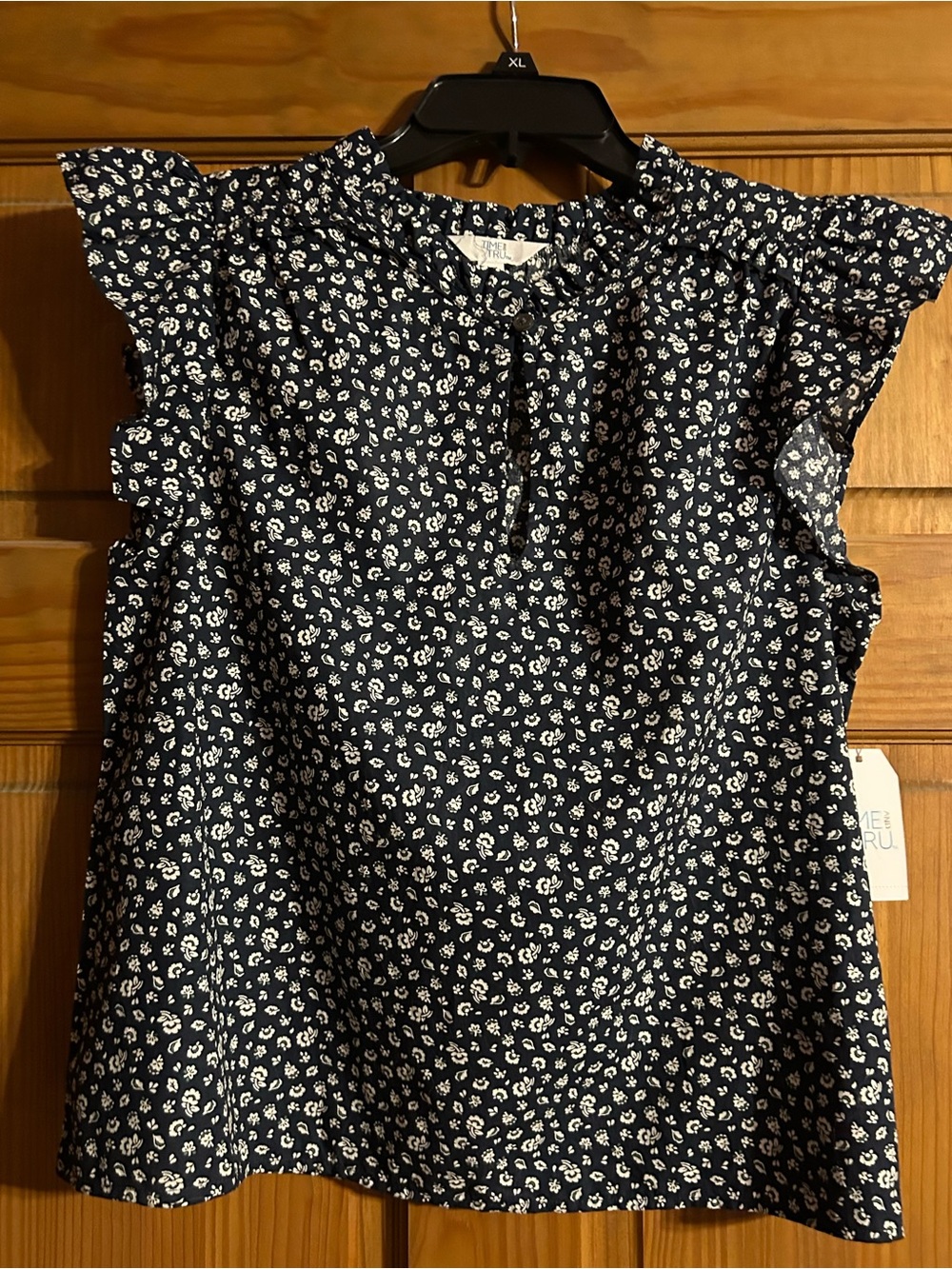Time and Tru Navy Floral Ruffle Cap Sleeve Blouse